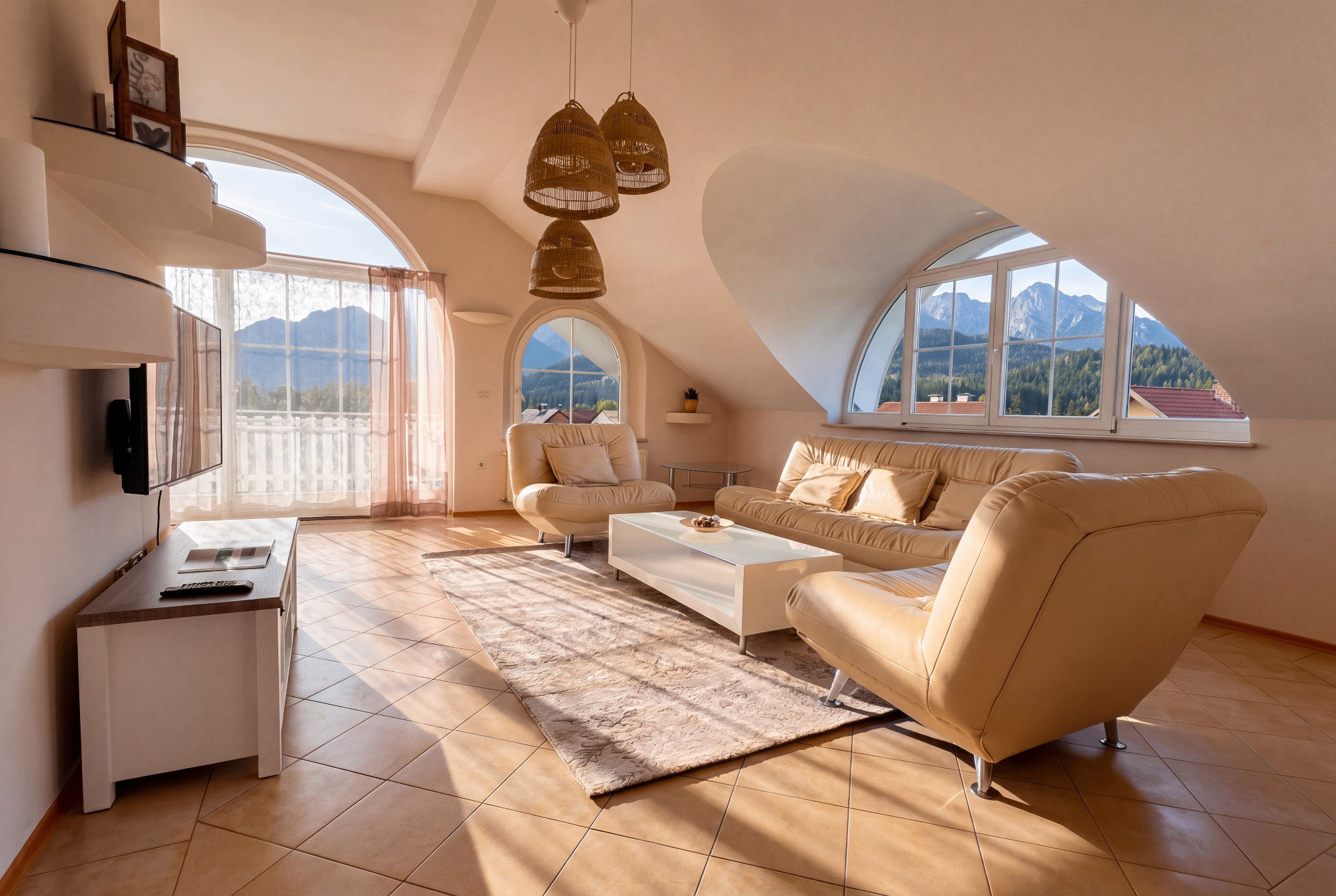 Riverbank apartment in Nožice — bright living room with mountain views